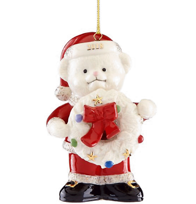 Lenox 2018 Teddy Bear Figurine Ornament Annual Holding Wreath Christmas Gift NEW0