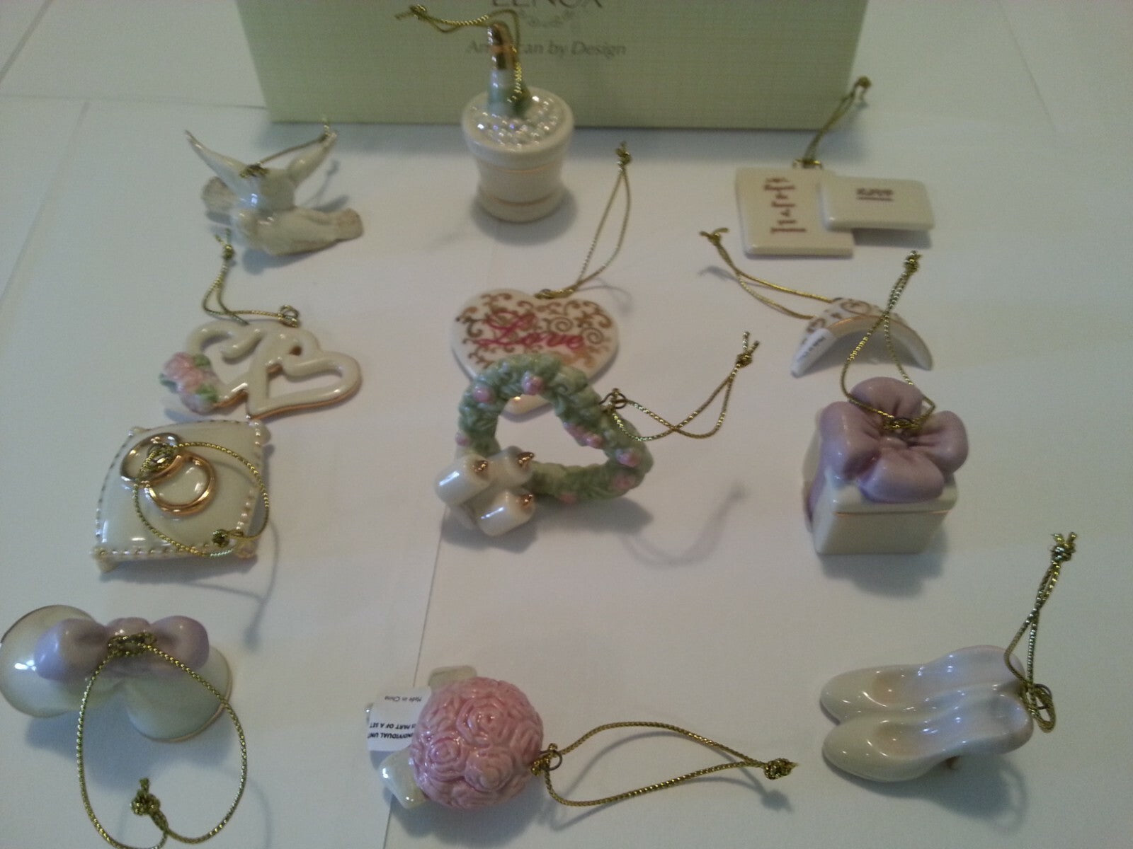 Lenox Wedding Tree and 12 Ornaments Miniature Bridal Bouquet Dove Heart Bell NEW4