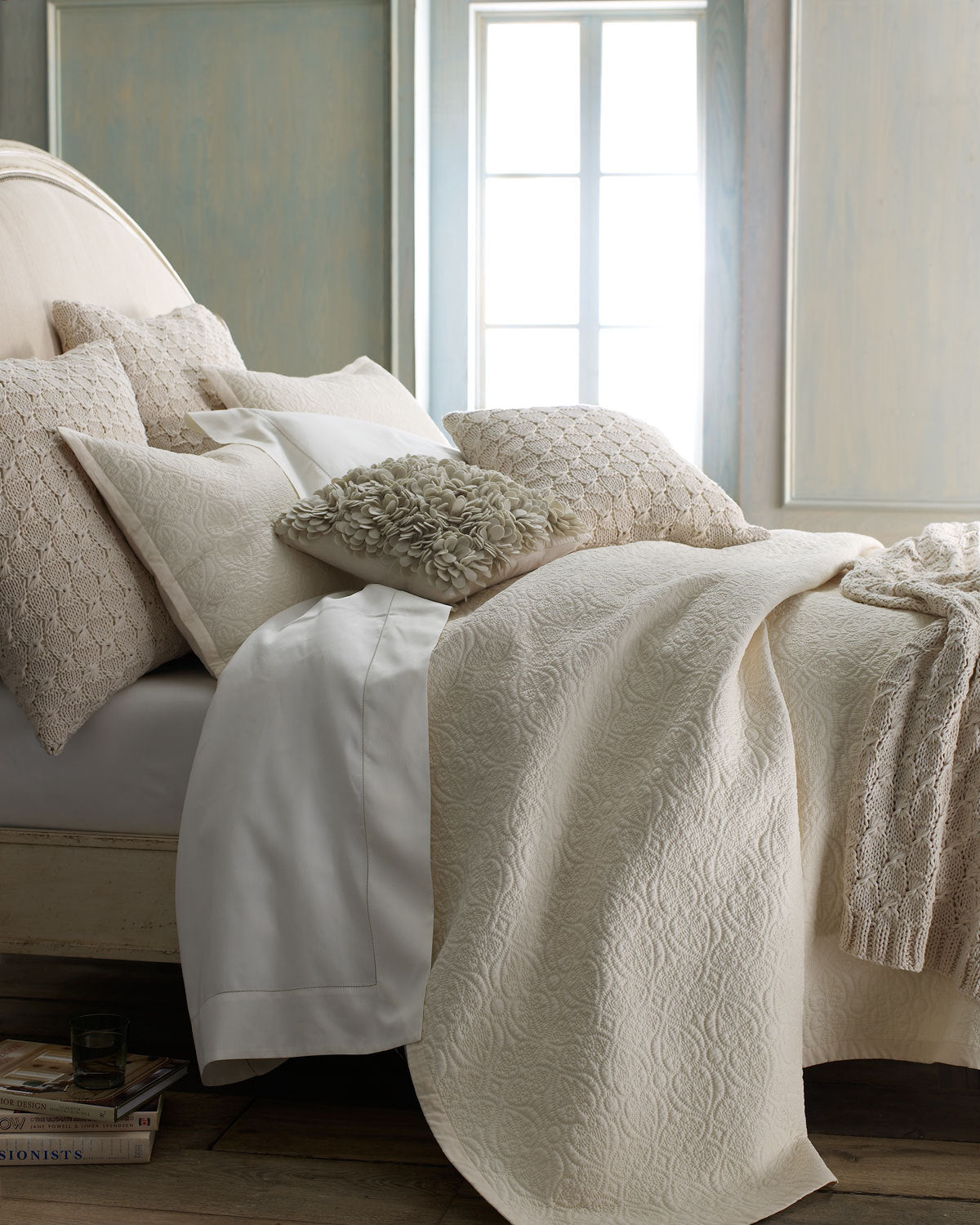 Sferra Amelia Ivory Throw Pillow Quilted Cotton Matelasse Scroll Square 20" NEW2
