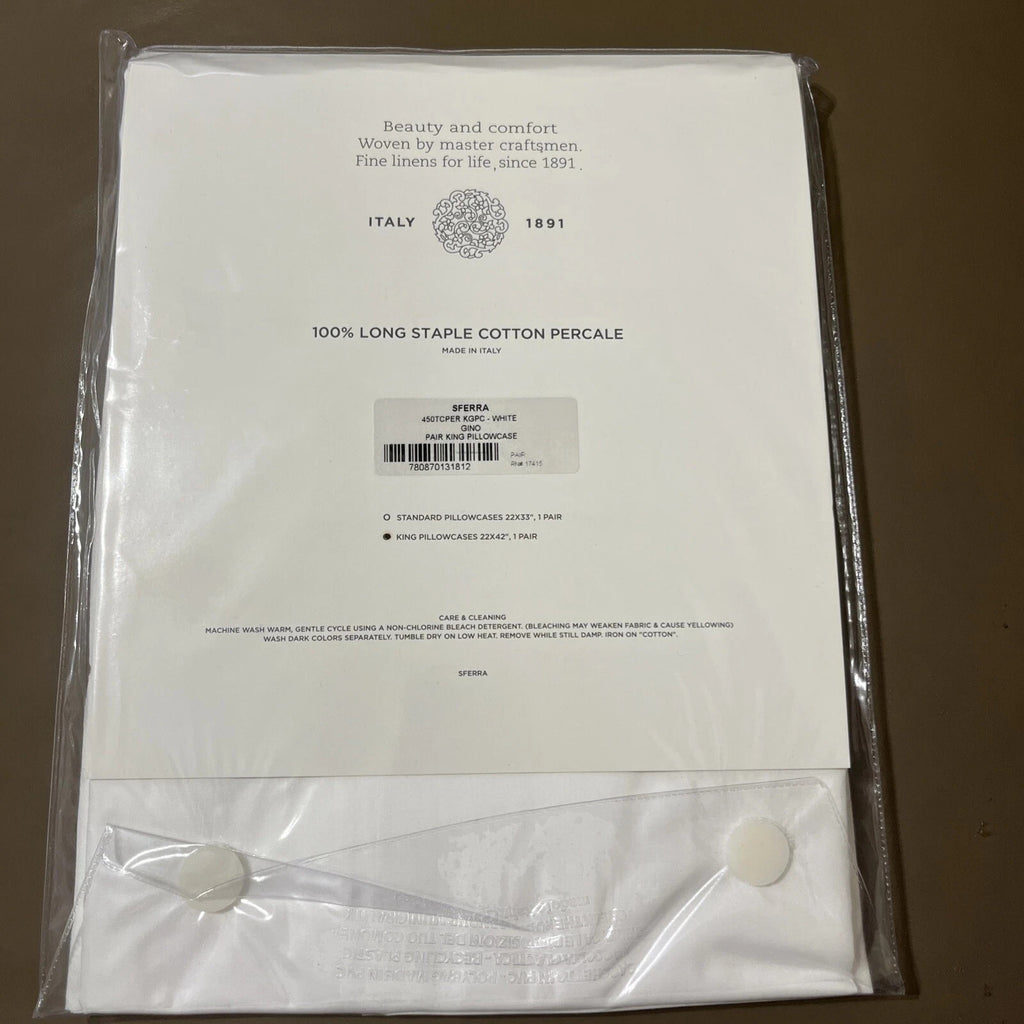 Sferra Gino White King Pillowcases 2 Solid 100% Cotton Percale 450TC Italy NEW9