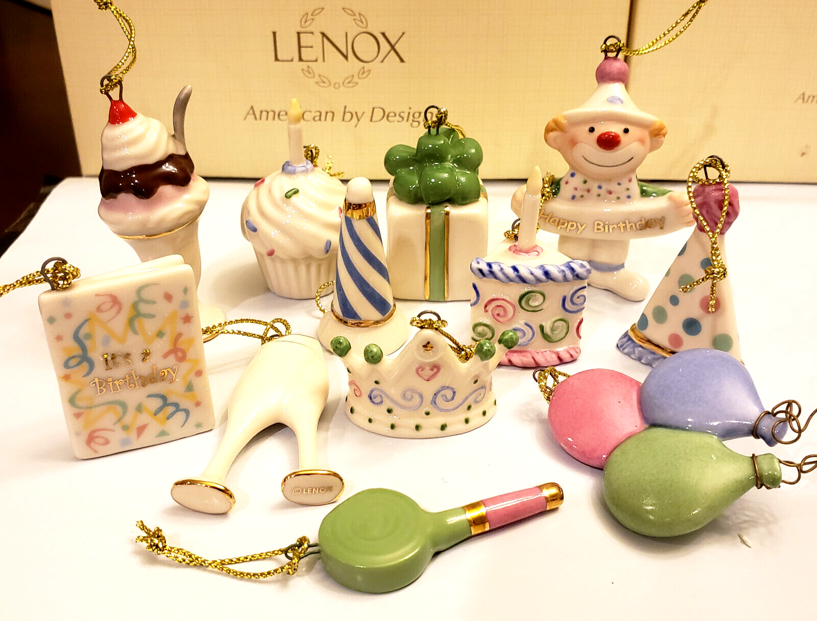 Lenox Happy Birthday Mini Ornaments 10 & Tree Hat Crown Cake Clown Balloons NEW1