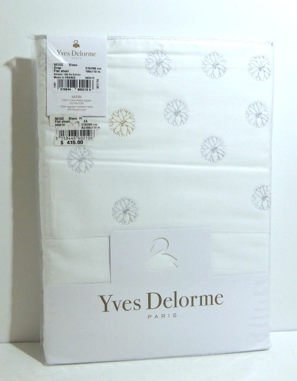 Yves Delorme Neige King Flat Sheet Embroidered Snowflakes Egyptian Cotton LE NEW7