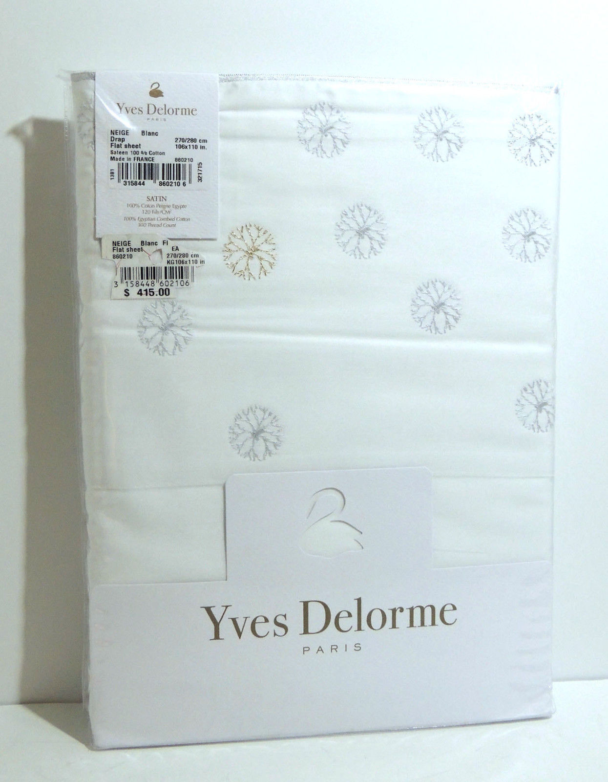 Yves Delorme Neige King Flat Sheet Embroidered Snowflakes Egyptian Cotton LE NEW7