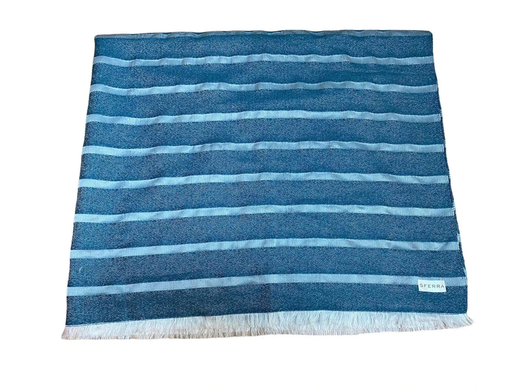 Sferra Marice Blue Throw Blanket Stripes Fringed Wool Silk Oversized Italy NEW6