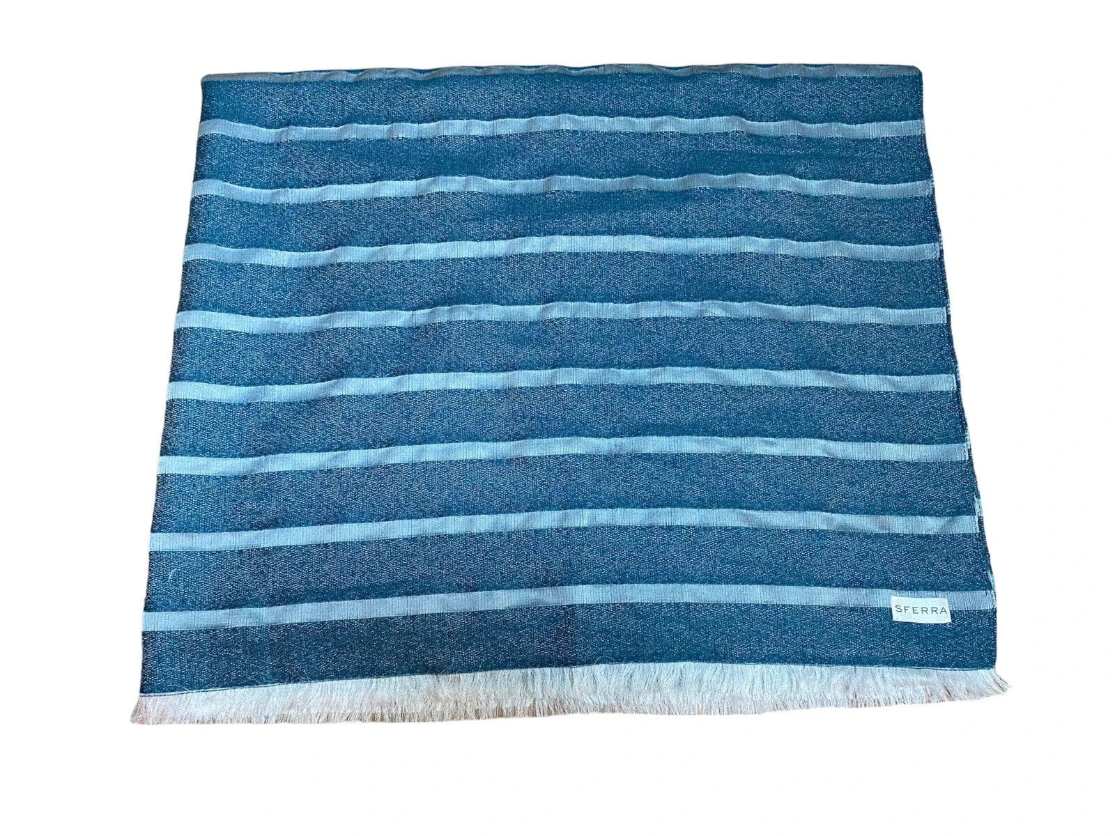 Sferra Marice Blue Throw Blanket Stripes Fringed Wool Silk Oversized Italy NEW6