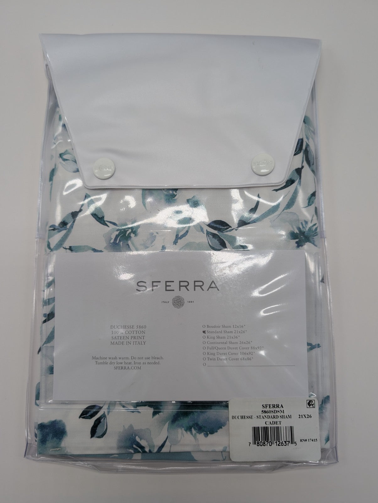Sferra Duchesse Cadet Blue Standard Sham Floral Print Reverses Sateen Italy NEW1