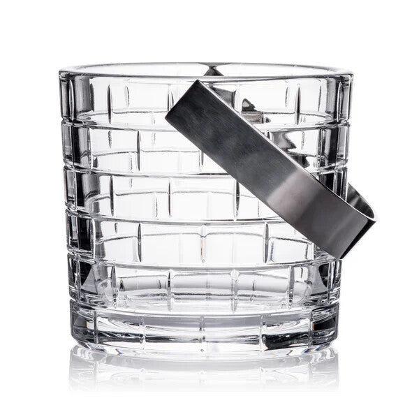 Rogaska Crystal Quoin Ice Bucket with Handle Hand Cut Etch Grid Brick Design NEW2