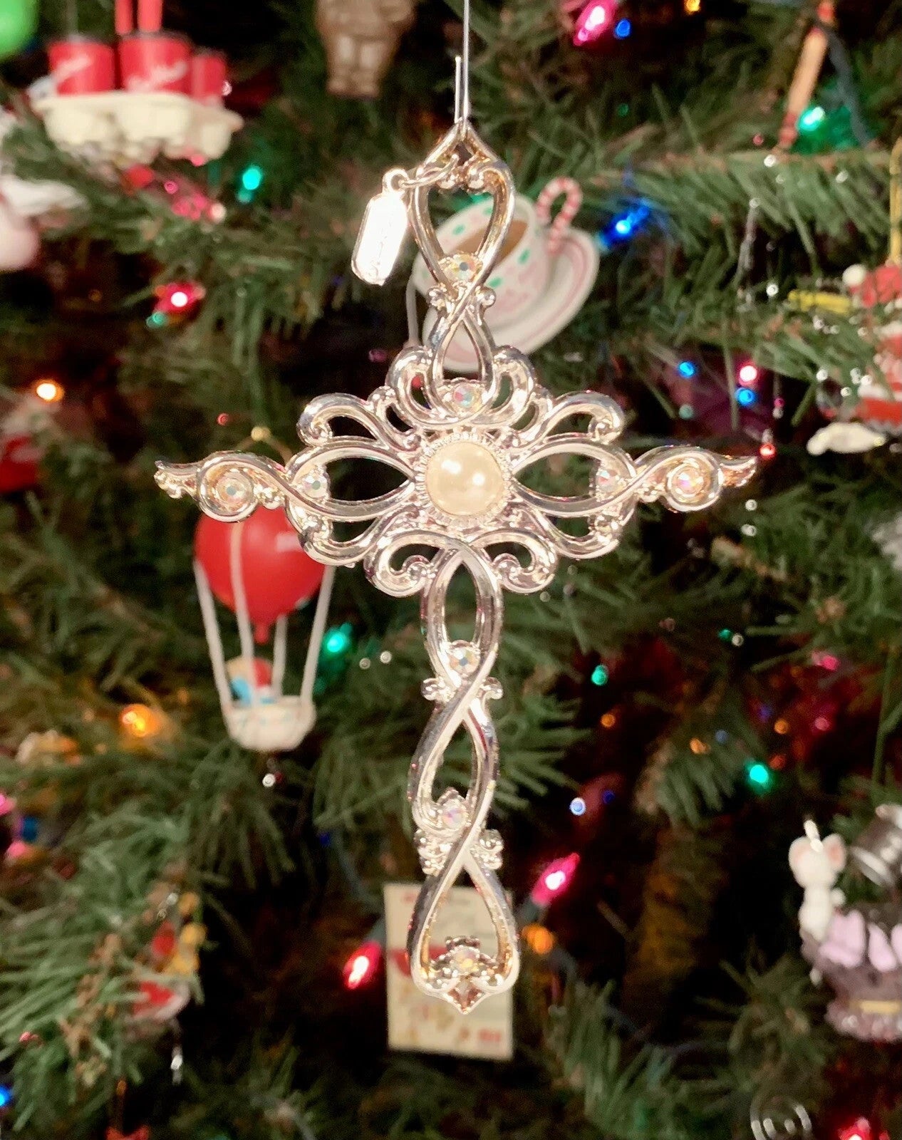 Lenox Gemmed Cross Ornament Filigree Silver Pearl Crystals 2015 Christmas NEW10