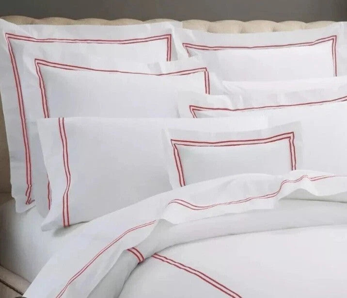 Sferra Grande Hotel King Sham Egyptian Percale White/Berry Double Stitch New2
