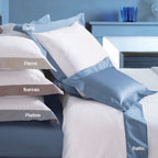 Yves Delorme White Queen Flat Sheet  Baltic Blue Wide Border Sateen Cocon NEW4