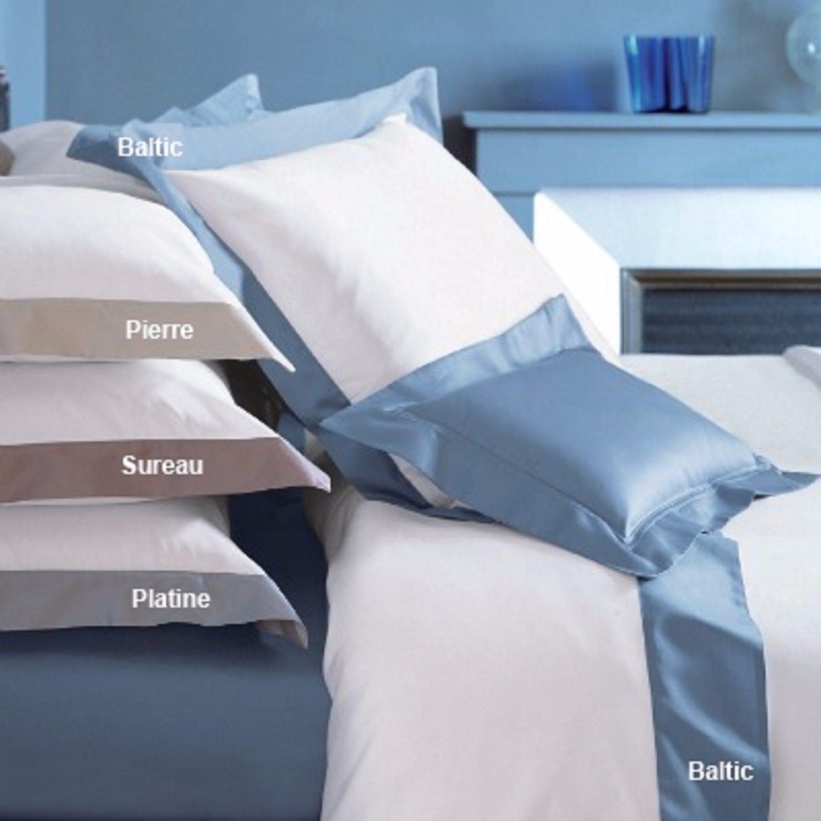 Yves Delorme White Queen Flat Sheet  Baltic Blue Wide Border Sateen Cocon NEW4