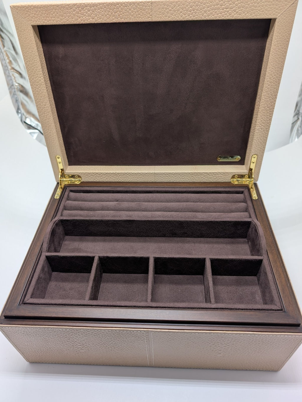 Reed & Barton Melrose Beige Jewelry Box Shagreen Leather Section Suede Tray NEW13