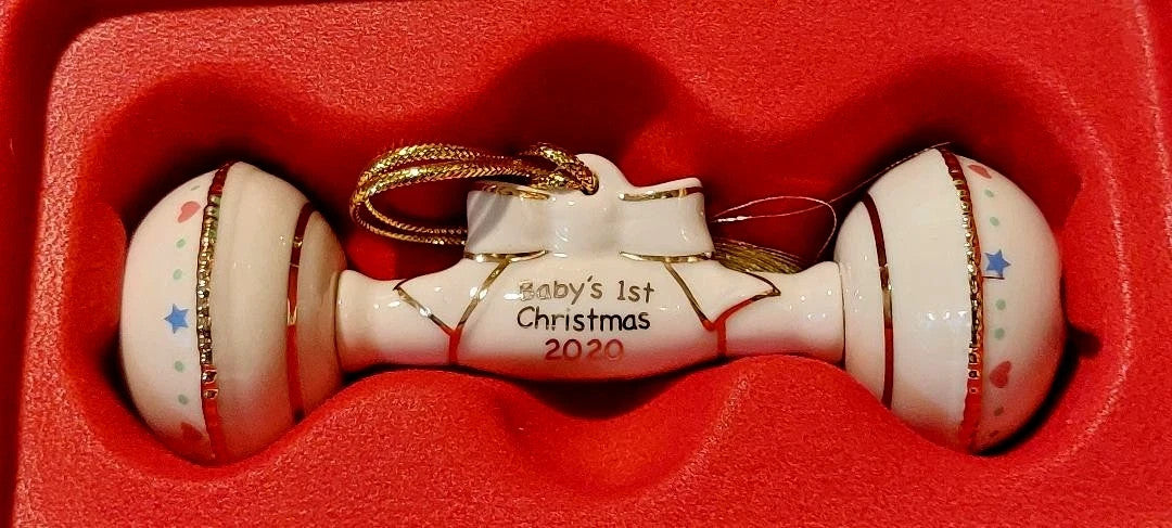 Lenox 2020 Baby's 1st Christmas Rattle Ornament First Ivory Gold Ribbon Gift NEW3