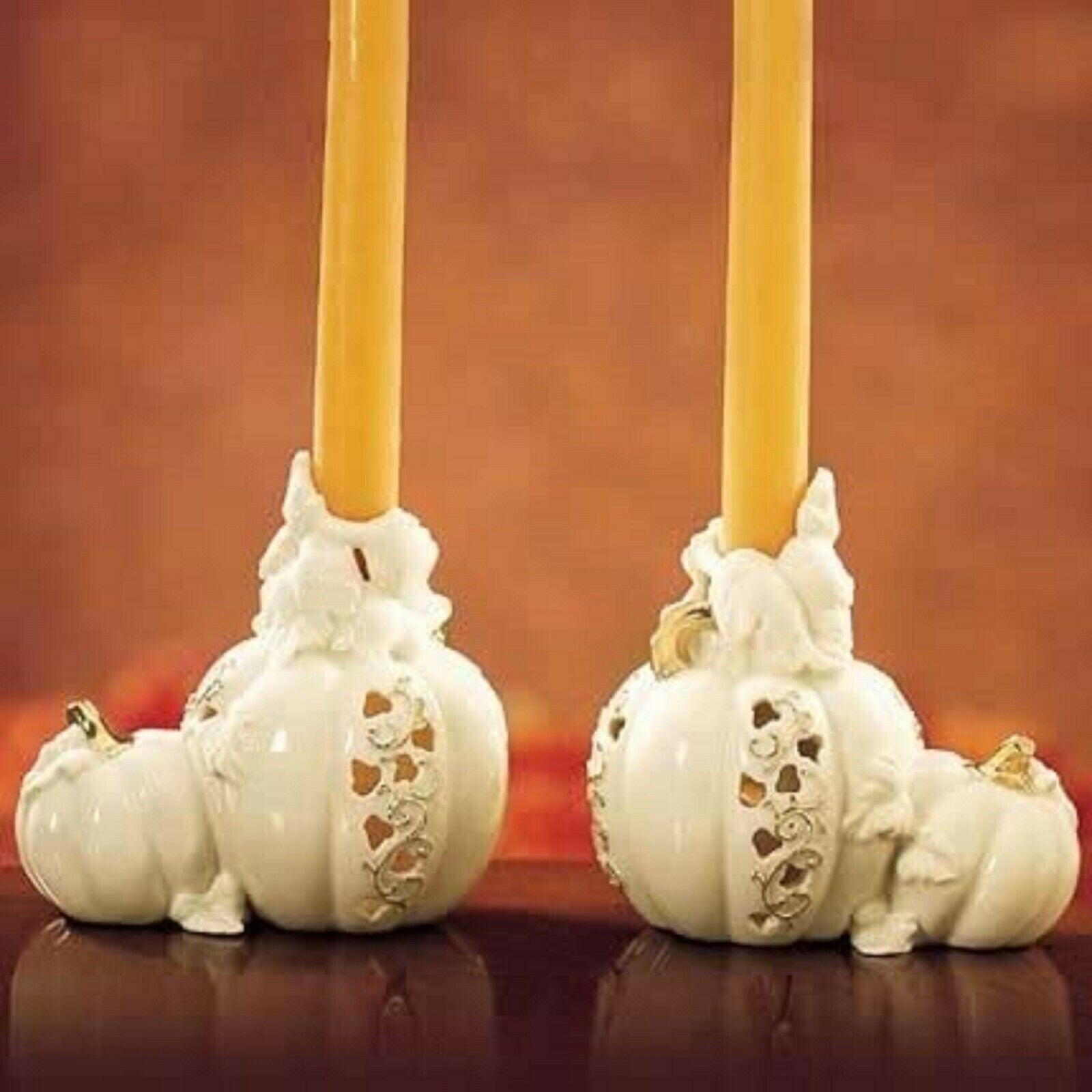 Lenox Pierced Pumpkin Candlestick Holders Pair Fall Halloween Thanksgiving NEW2