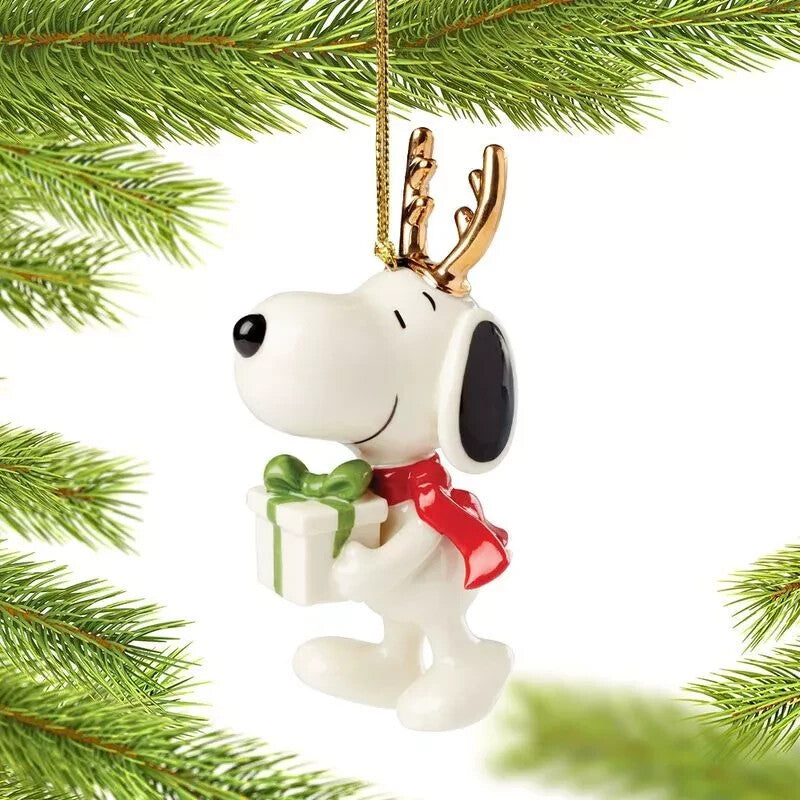Lenox Peanuts Snoopy Reindeer Ornament Figurine with Gift Gold Antlers Scarf NEW0