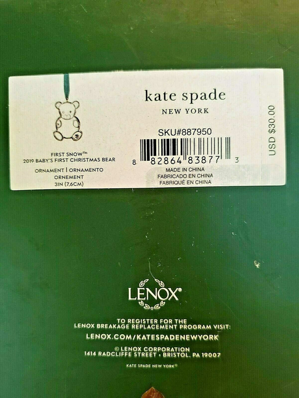 Kate Spade NY 2019 Crystal Teddy Bear Baby's First Snow Ornament Christmas NEW2
