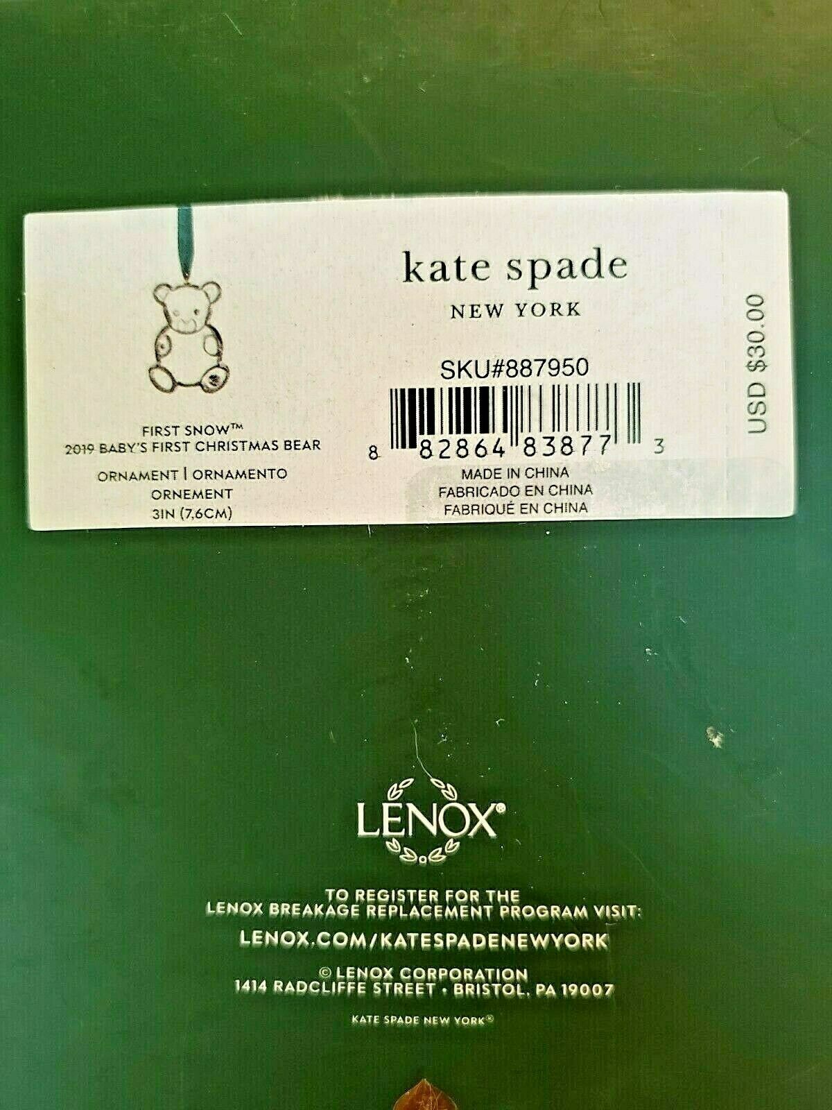 Kate Spade NY 2019 Crystal Teddy Bear Baby's First Snow Ornament Christmas NEW2