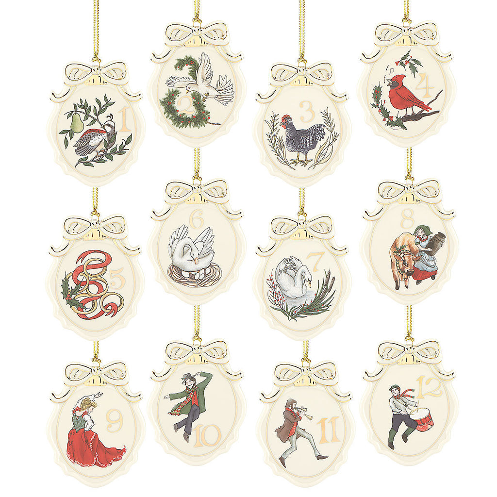 Lenox Twelve Days Of Christmas Ornaments  12PC Set Flat Oval 3 1/8" Large NEW2