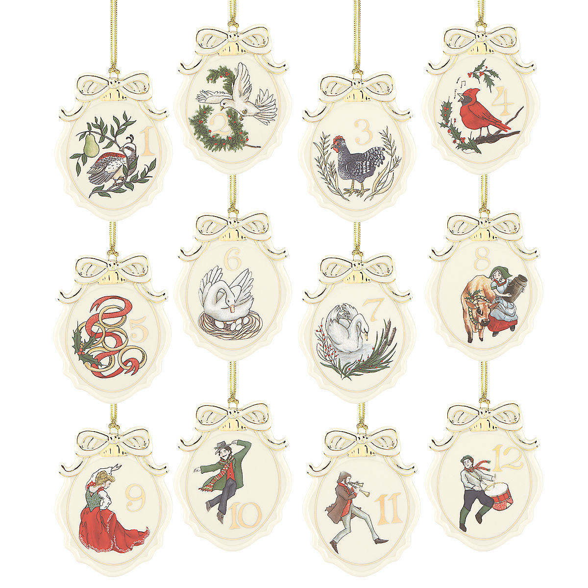 Lenox Twelve Days Of Christmas Ornaments  12PC Set Flat Oval 3 1/8" Large NEW2