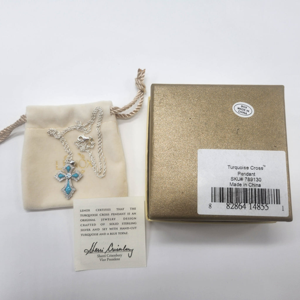 Lenox Turquoise Cross Necklace Blue Topaz Stone Sterling Silver Chain 18" NEW7