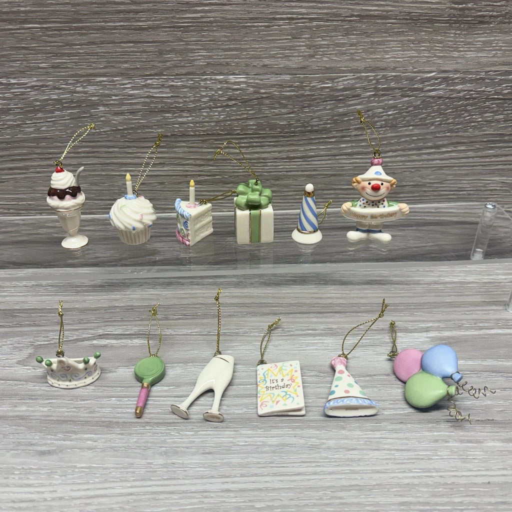 Lenox Happy Birthday Mini Tree Ornaments 12 PC Hat Crown Cake Clown Balloons NEW9