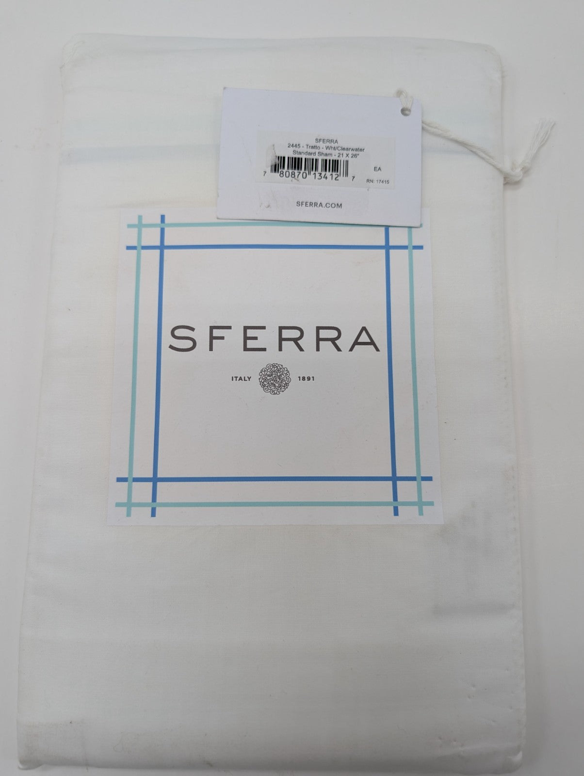 Sferra Tratto White Standard Sham Blue Satin Stitch Lines Embroidery  Italy NEW16