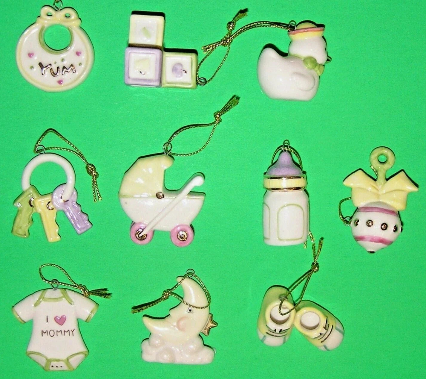 Lenox Baby Memories Mini Tree Ornaments Set 10 Booties Rattle Blocks Bottle NEW2