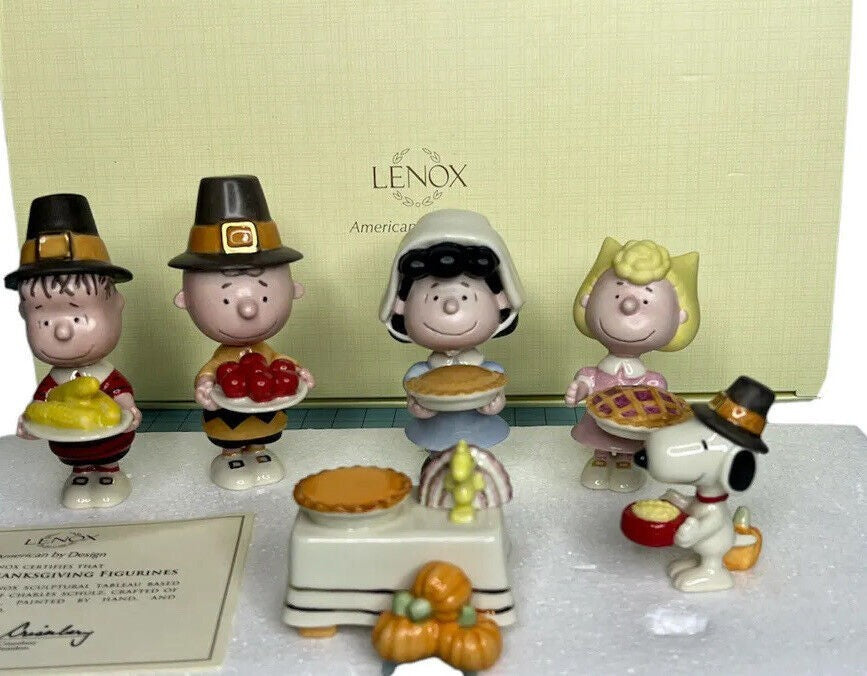 Lenox Peanuts Thanksgiving Figurines 6PC Pilgrim Dinner Snoopy Charlie Brown NEW5