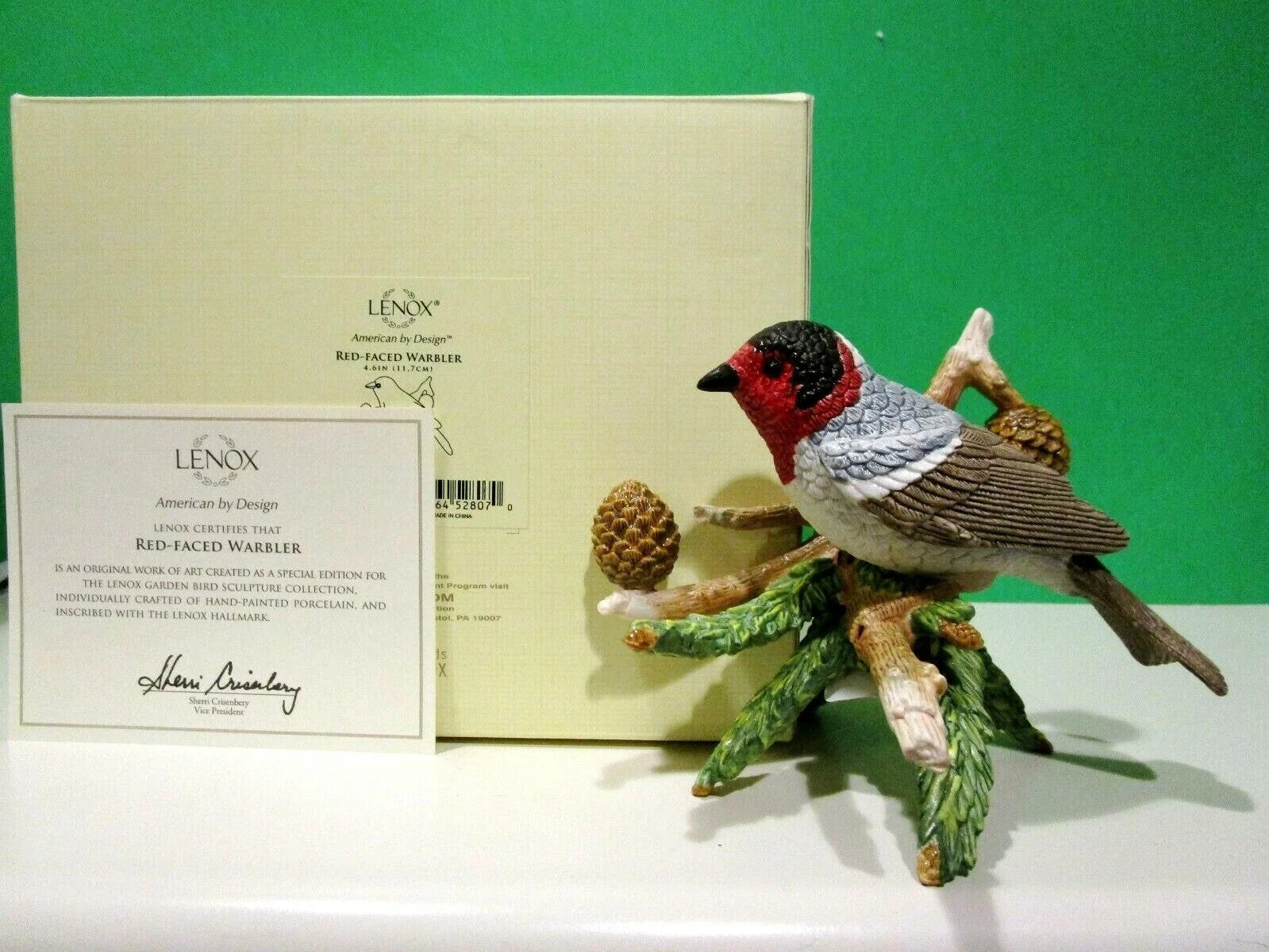Lenox Red Faced Warbler Garden Bird Figurine Pine Cones Branch Christmas LE NEW11