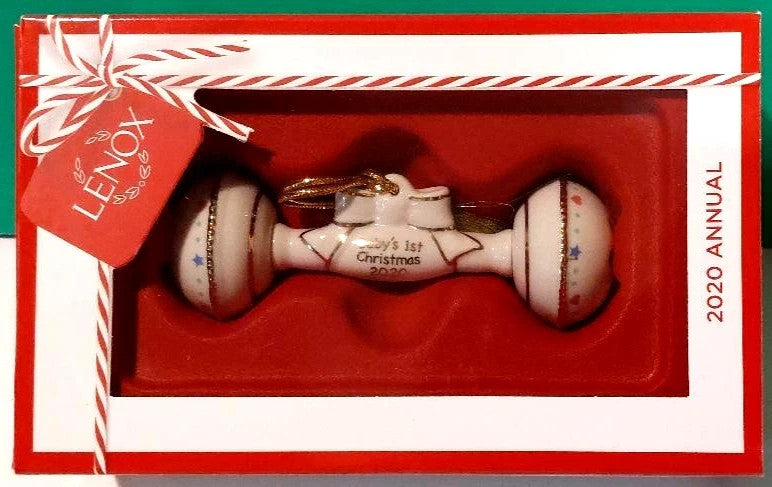 Lenox 2020 Baby's 1st Christmas Rattle Ornament First Ivory Gold Ribbon Gift NEW4