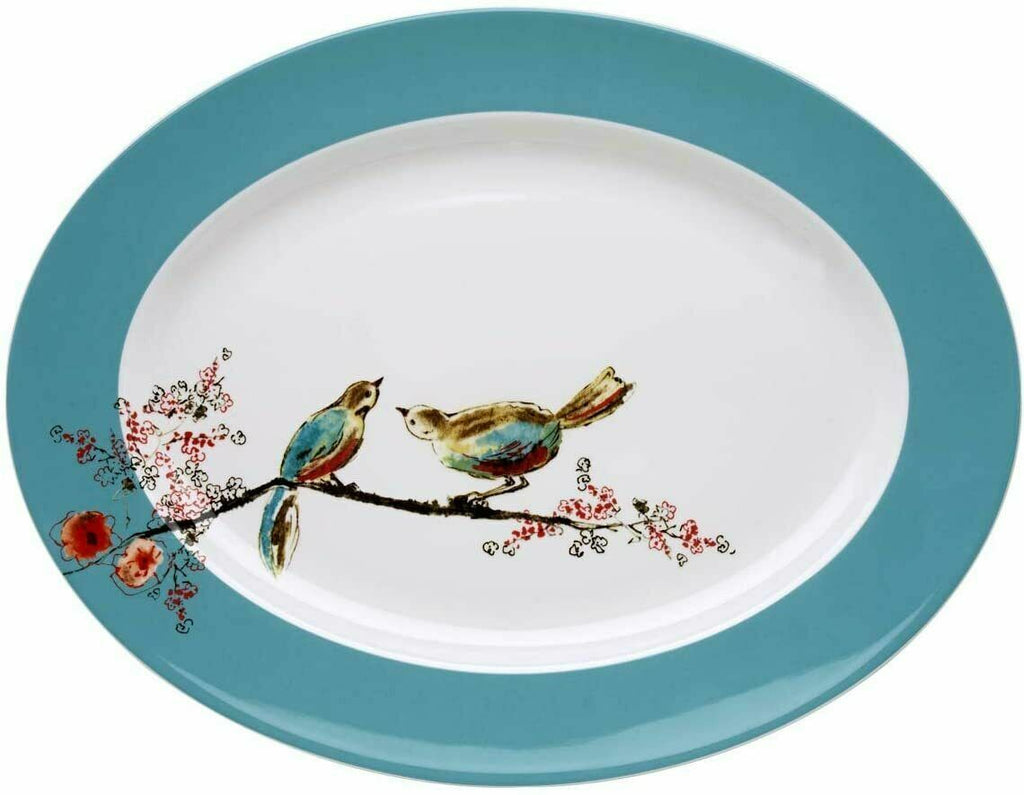 Lenox Chirp Oval Serving Platter 16" Flowers Birds White Teal Bone China USA NEW0