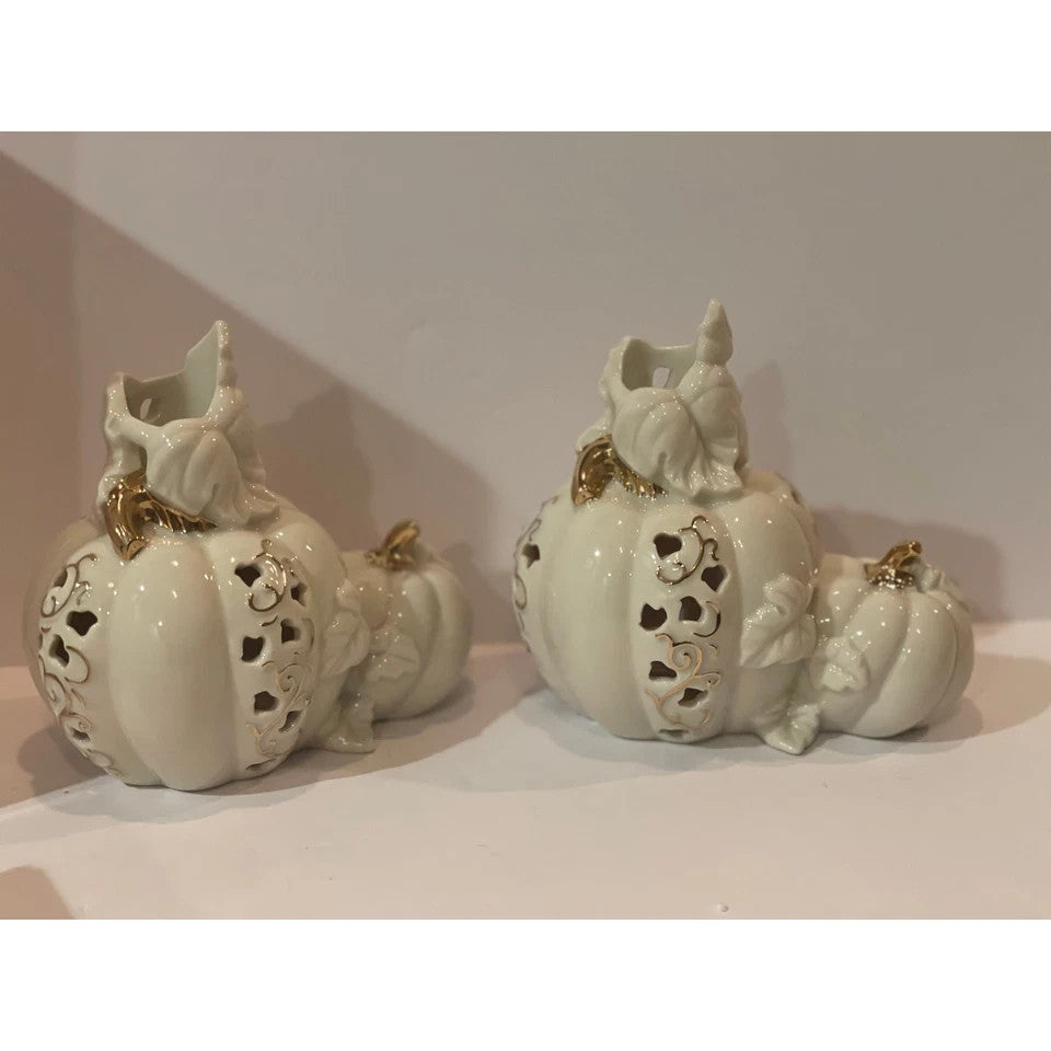 Lenox Pierced Pumpkin Candlestick Holders Pair Fall Halloween Thanksgiving NEW7