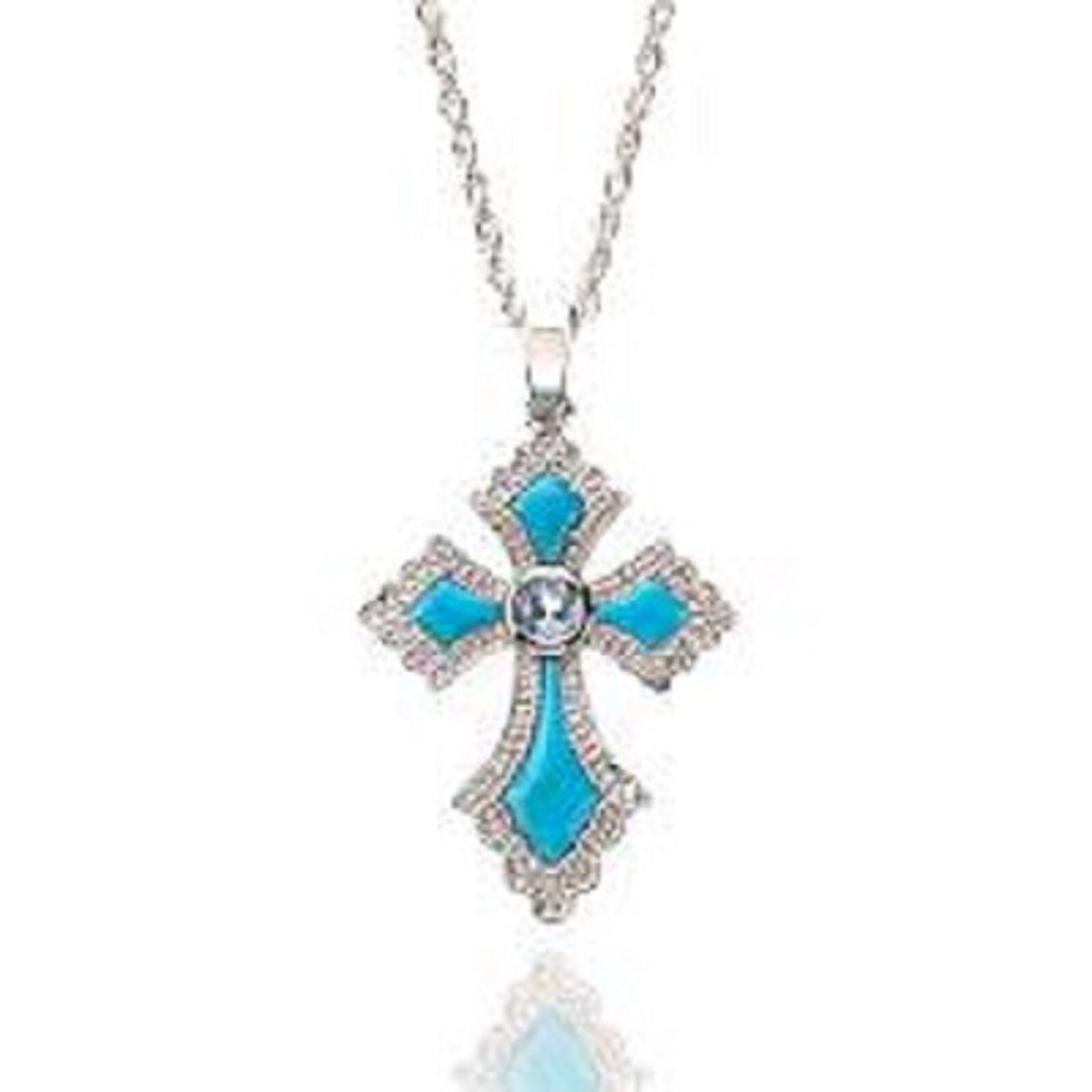 Lenox Turquoise Cross Necklace Blue Topaz Stone Sterling Silver Chain 18" NEW1