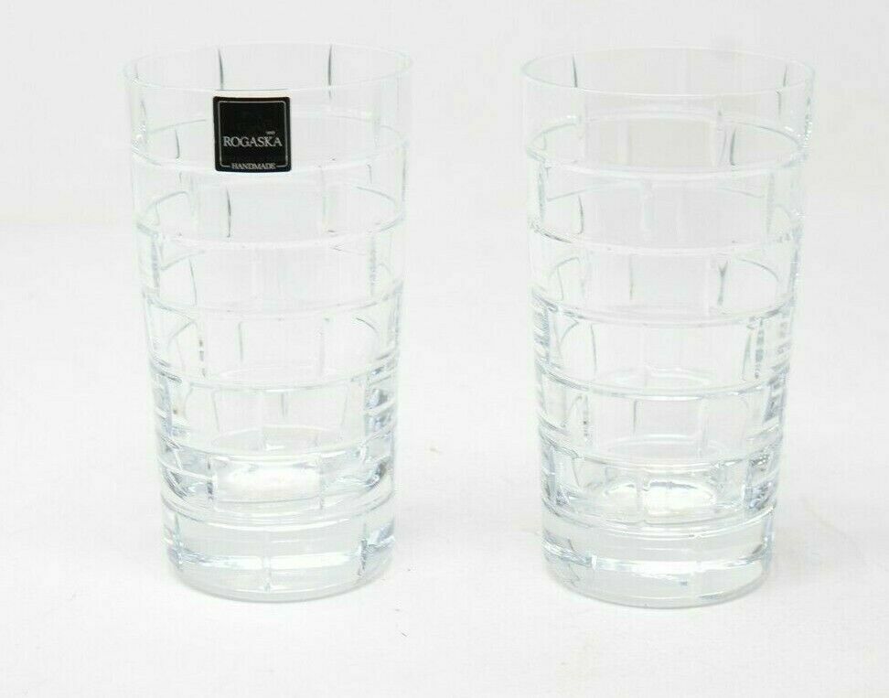 Rogaska Crystal Quoin Highball Glasses Pair Hand Cut Grid Design Gift NEW IN BOX1