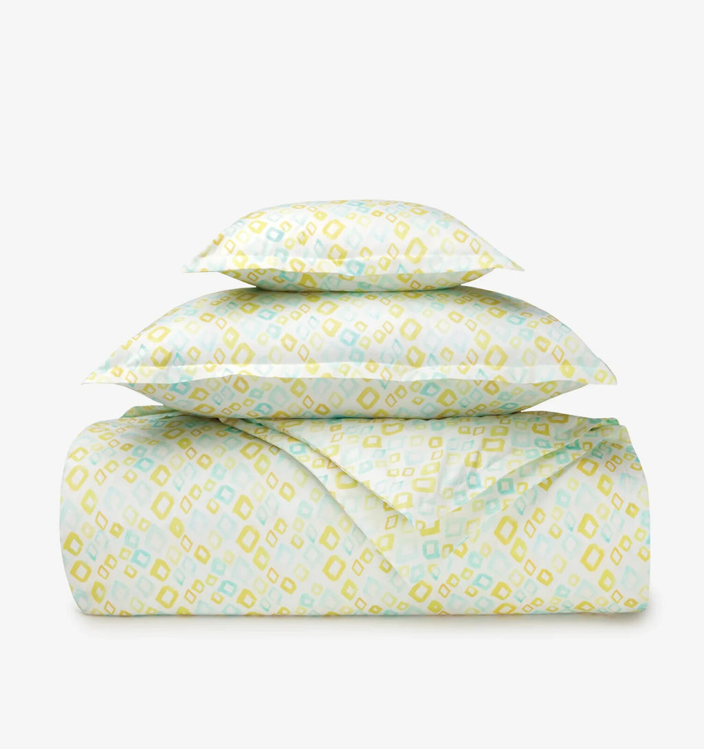 Sferra Geometrico Queen Duvet Set 3PC Aqua Yellow Diamond Percale Print Italy Ne9