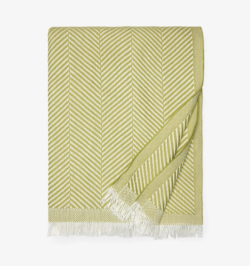 Sferra Costa Green Throw Blanket Kiwi Fringed Herringbone Weave Cotton 50x70 NEW1
