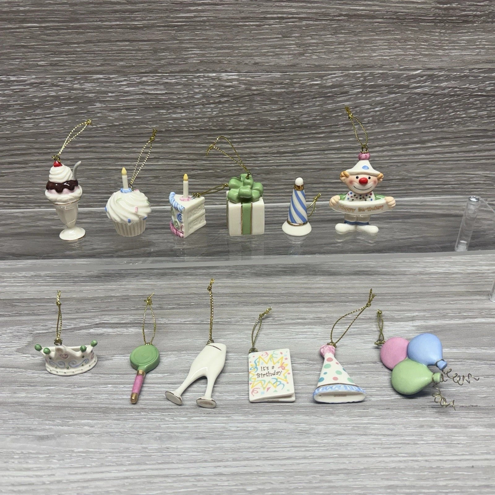 Lenox Happy Birthday Mini Ornaments 10 & Tree Hat Crown Cake Clown Balloons NEW9