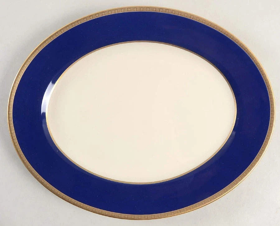 Lenox Independence Oval Serving Platter 13 Ivory China Blue & Gold Bands USA NEW2