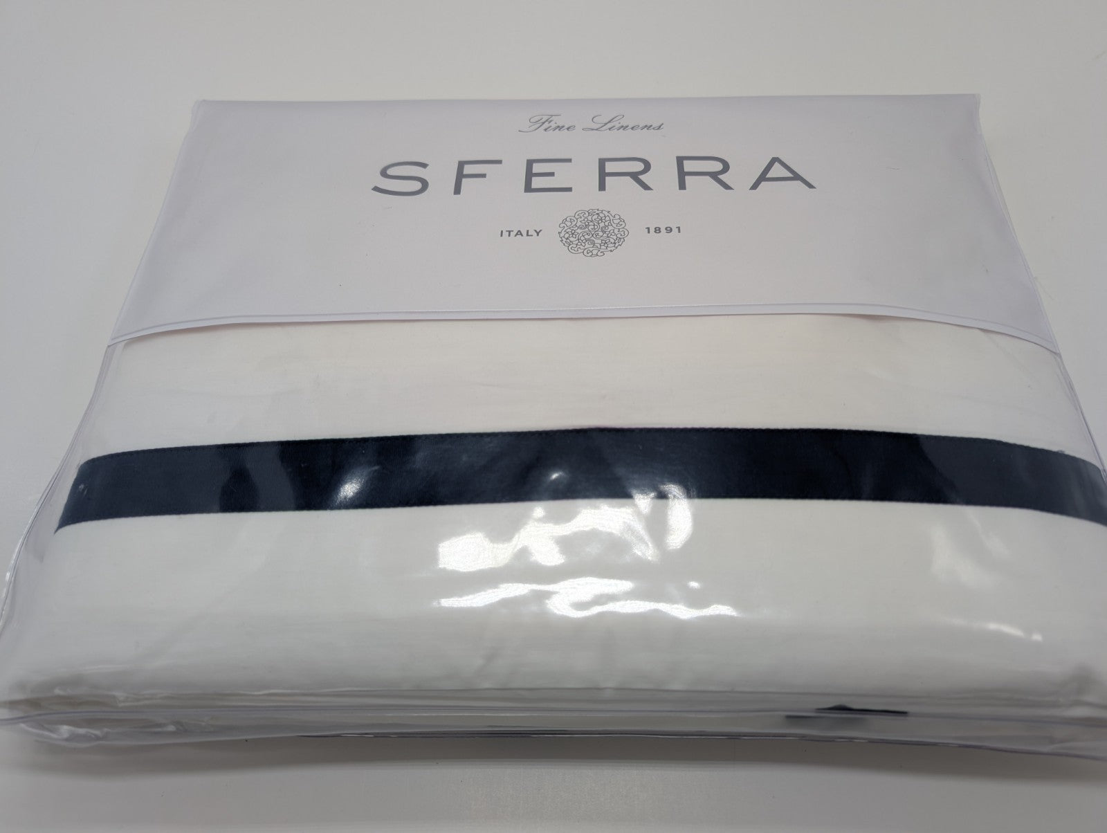Sferra Estate White Queen Duvet Navy Applique Stripe Cotton Percale Italy NEW13