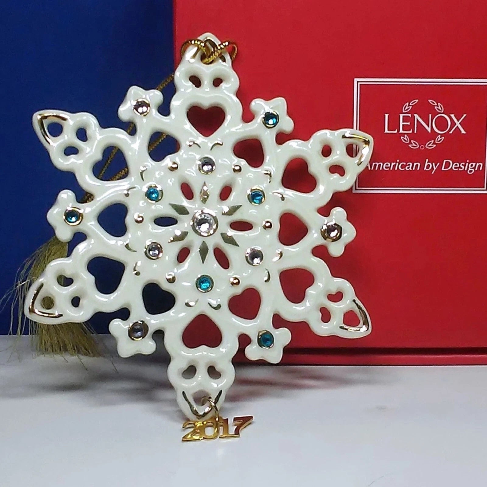 Lenox 2017 Gemmed Snowflake Ornament Annual Blue Clear Crystals Christmas NEW2