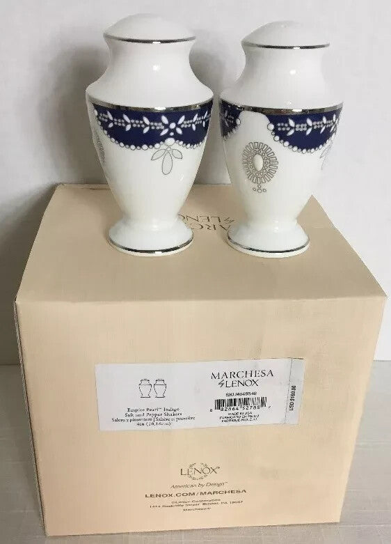 Lenox Empire Pearl Indigo Salt & Pepper Shaker Set Marchesa Platinum Dot USA NEW2
