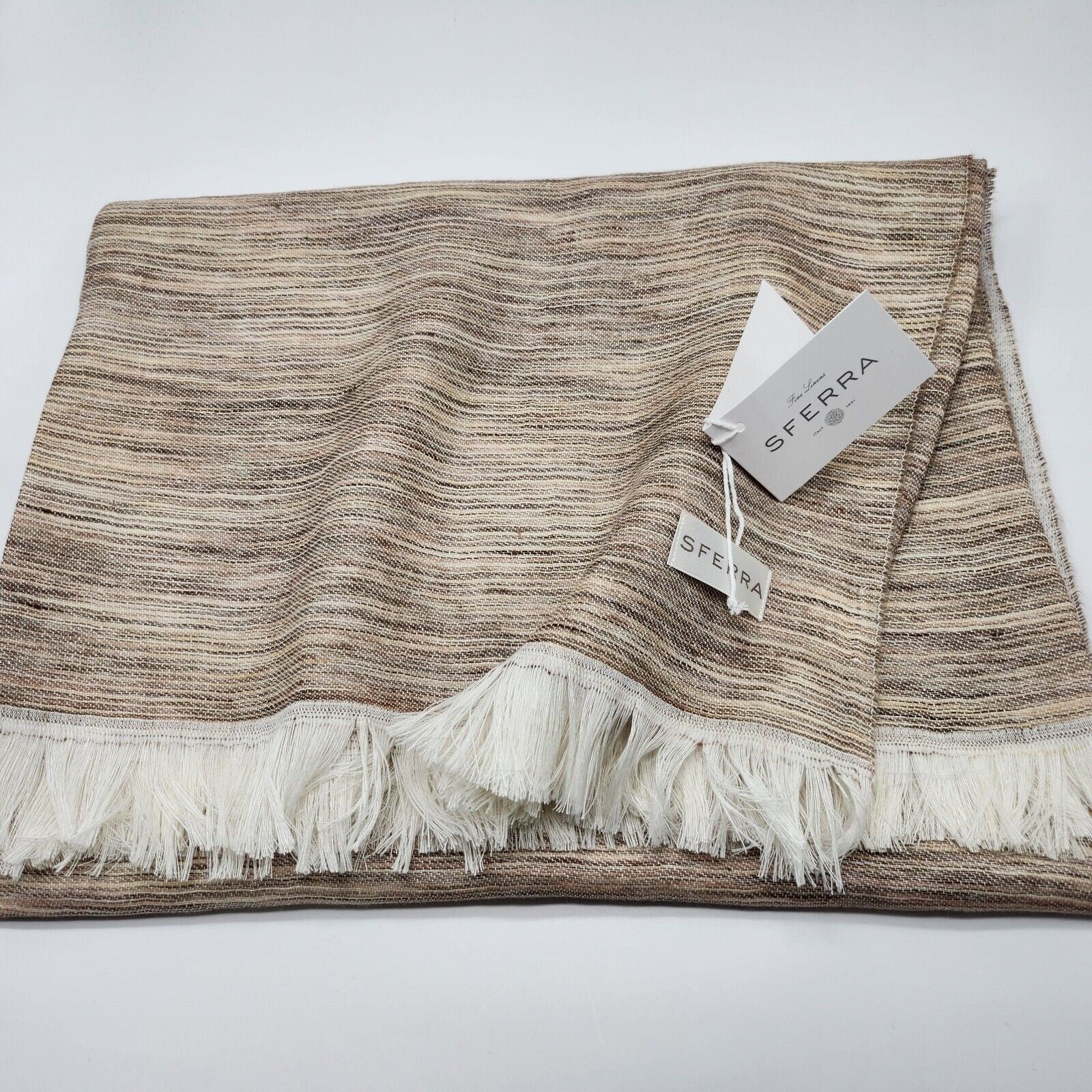 Sferra Pebble Throw Blanket Fringe Linen Woven Linear Design Oversized Italy NEW2