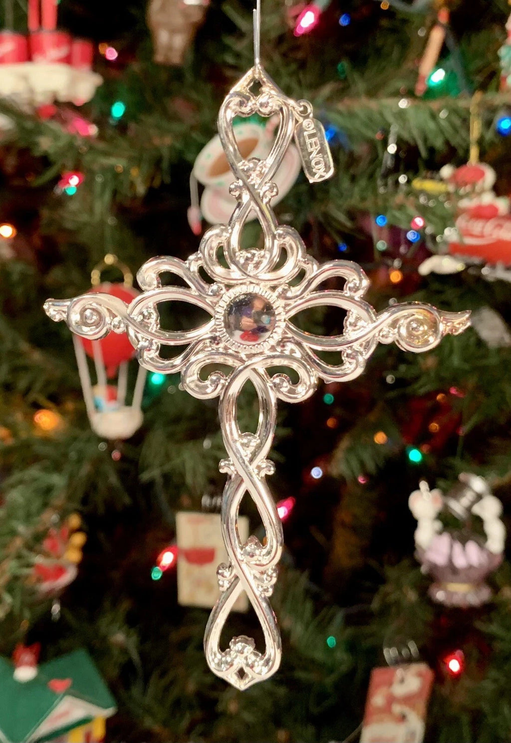 Lenox Gemmed Cross Ornament Filigree Silver Pearl Crystals 2015 Christmas NEW7