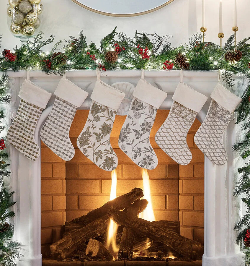 Sferra Allegria Velvet Christmas Stocking Poinsettia Ivory Silver Embroidery NEW4