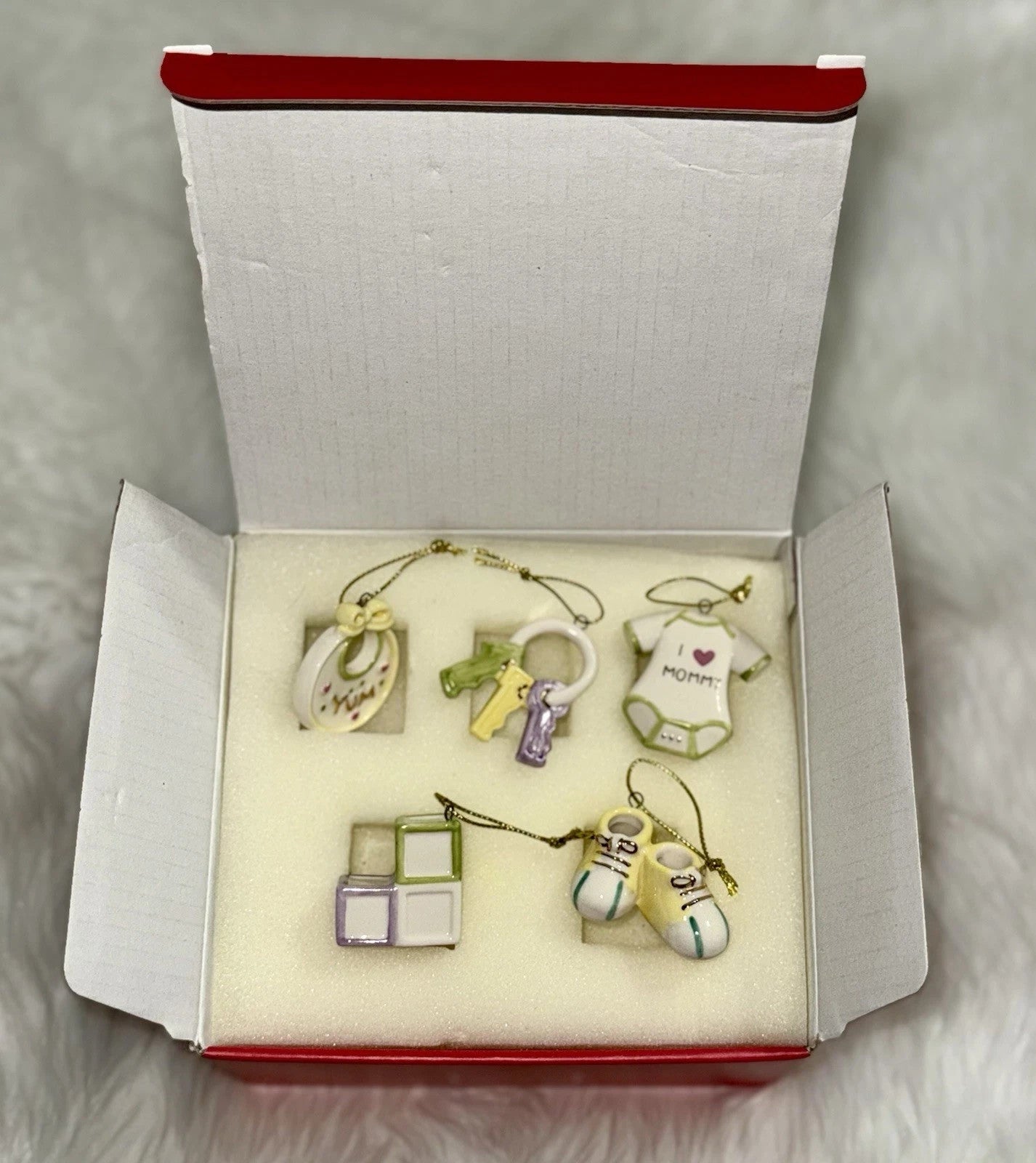 Lenox Baby Memories Mini Tree Ornaments Set 10 Booties Rattle Blocks Bottle NEW12
