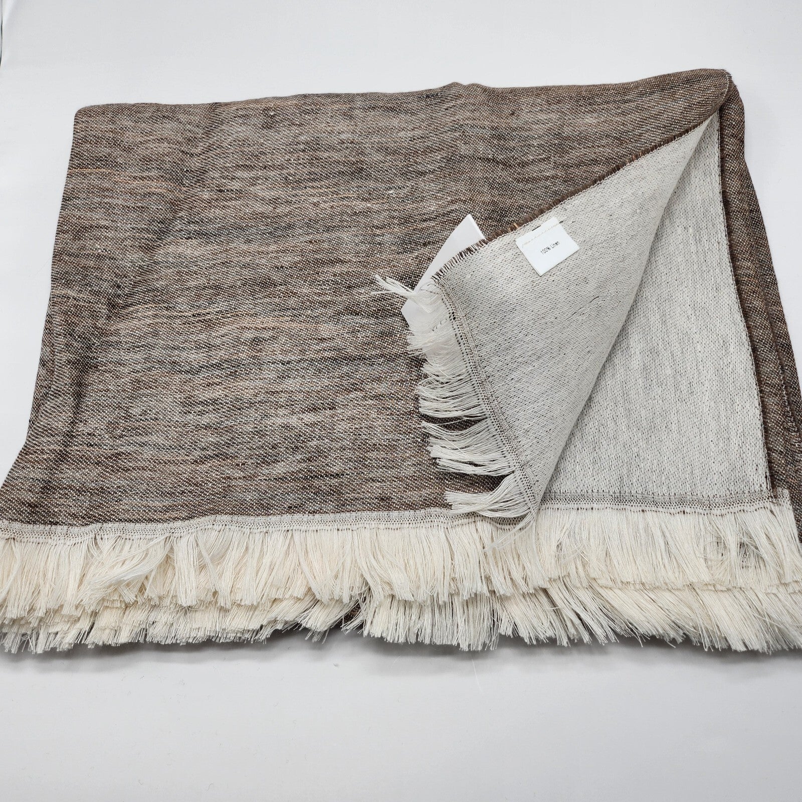 Sferra Taupe Linen Throw Blanket Fringed Woven Linear Design Oversized Italy NEW3
