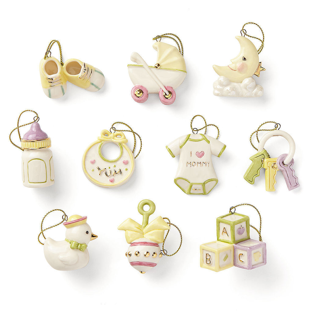 Lenox Baby Memories Mini Tree Ornaments Set 10 Booties Rattle Blocks Bottle NEW0