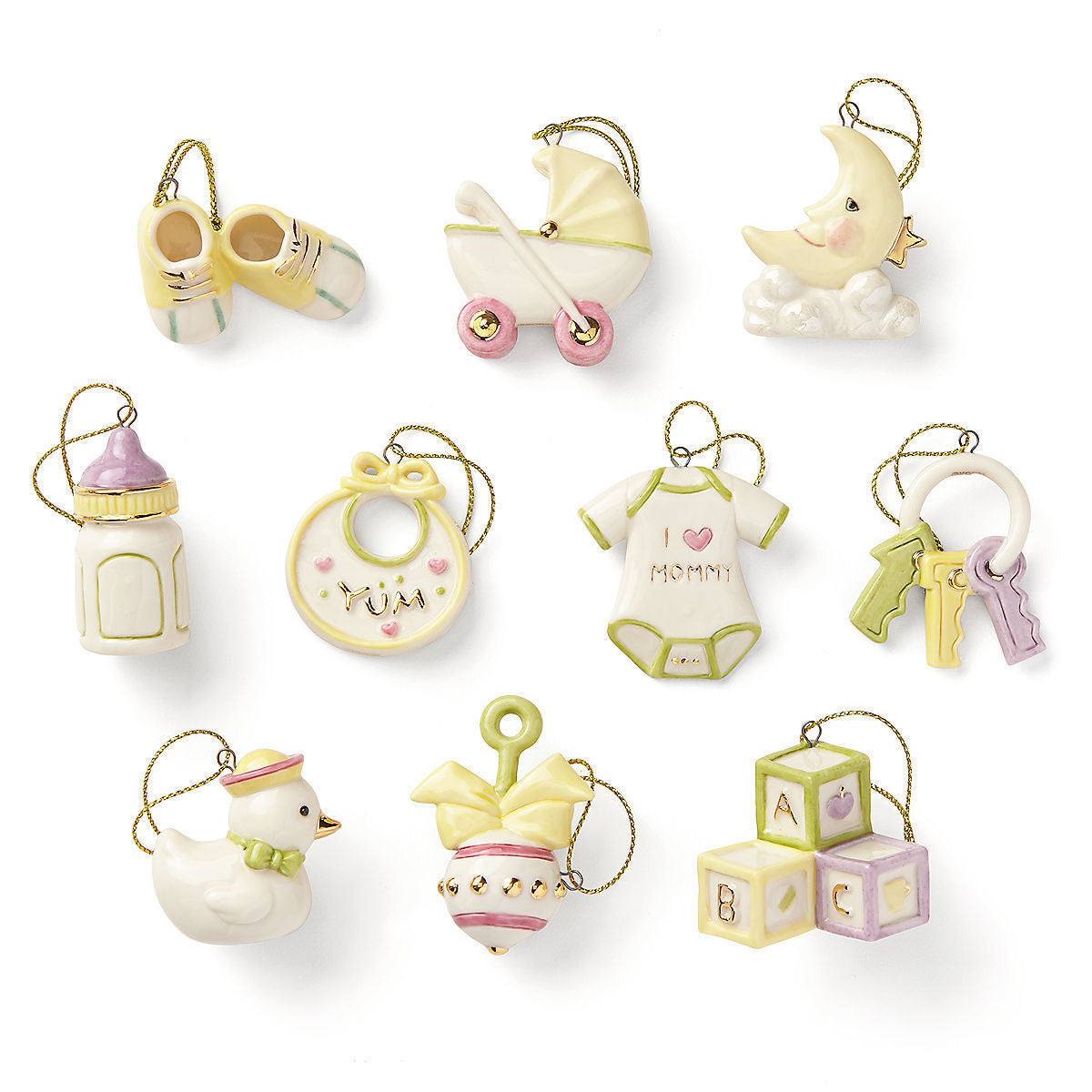 Lenox Baby Memories Mini Tree Ornaments Set 10 Booties Rattle Blocks Bottle NEW0