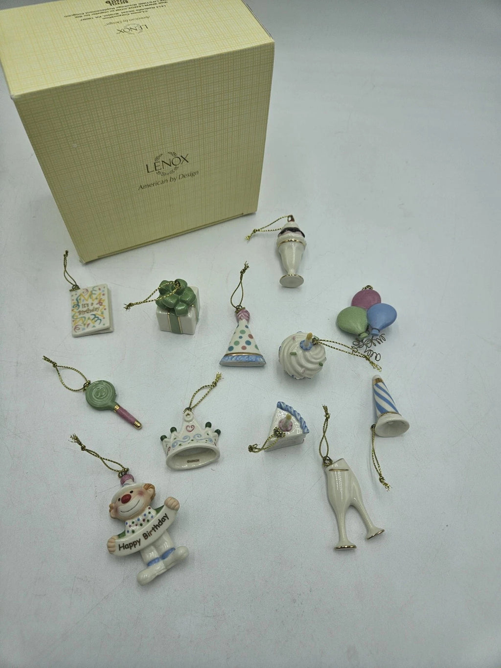 Lenox Happy Birthday Mini Ornaments 10 & Tree Hat Crown Cake Clown Balloons NEW6