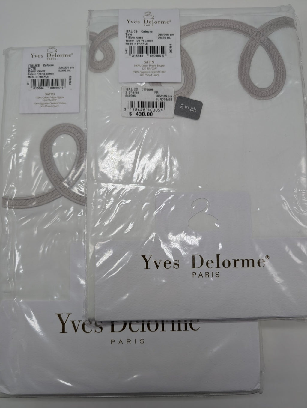 Yves Delorme Italics White Queen Duvet Euro Set Embroidery Egyptian Cotton NEW0